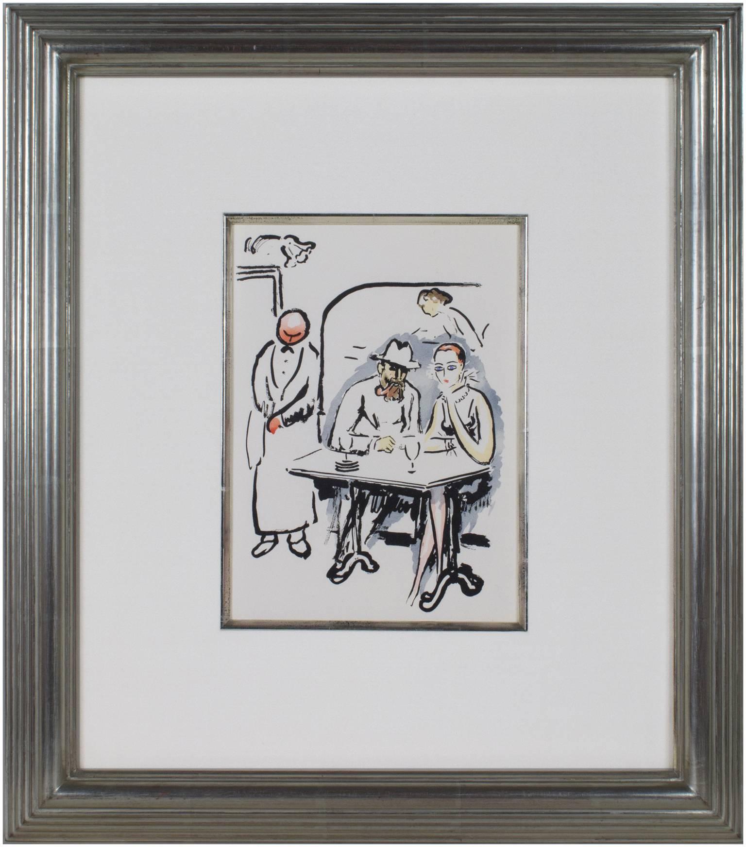 This color pochoir from the La Garconne Series was done in 1925 on Arches paper No. 738/750 depicting a couple sitting at a cafe. 

Archivally framed with 12k white gold; white gold fillet, silk mat, and museum glass.

9 3/4