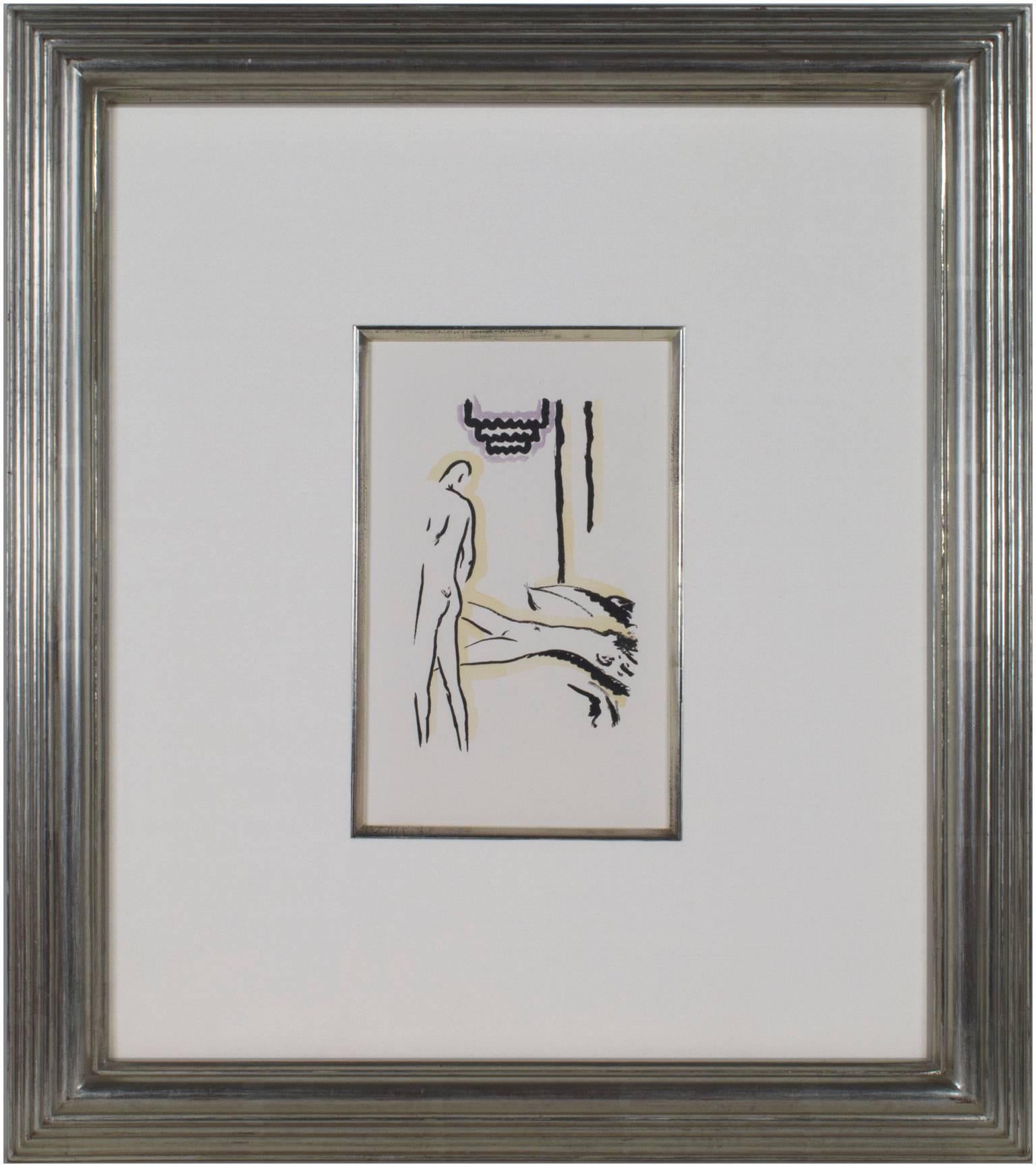 This color pochoir was done in 1925 on Arches paper No. 738/750 and depicts two nude lovers. 

Archivally framed with 12k white gold; white gold fillet, silk mat, and museum glass.

9 3/4