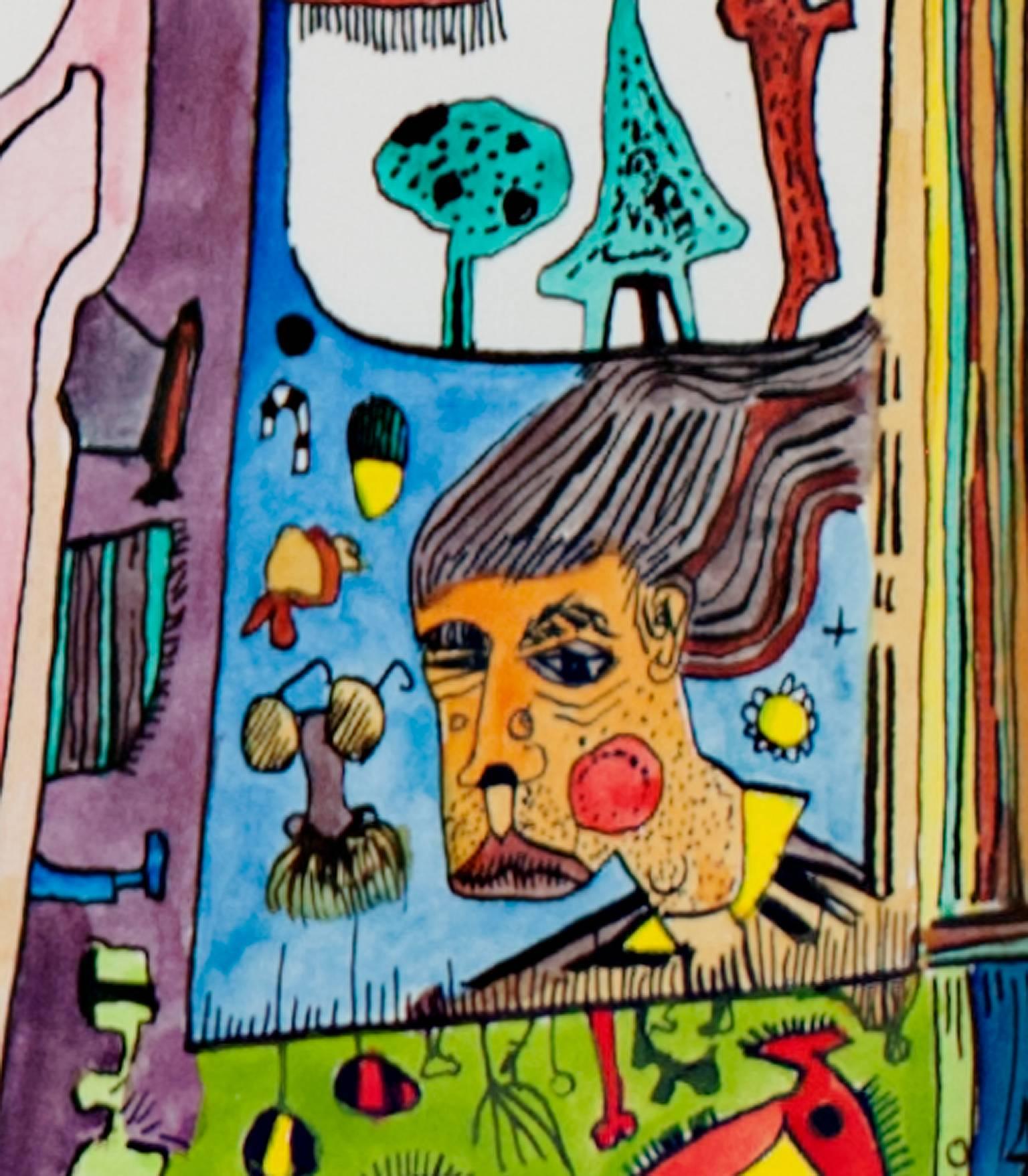 Buntes abstraktes Landschafts-Aquarell- und Tuschegemälde des 20. Jahrhunderts (Zeitgenössisch), Art, von Joseph Rozman