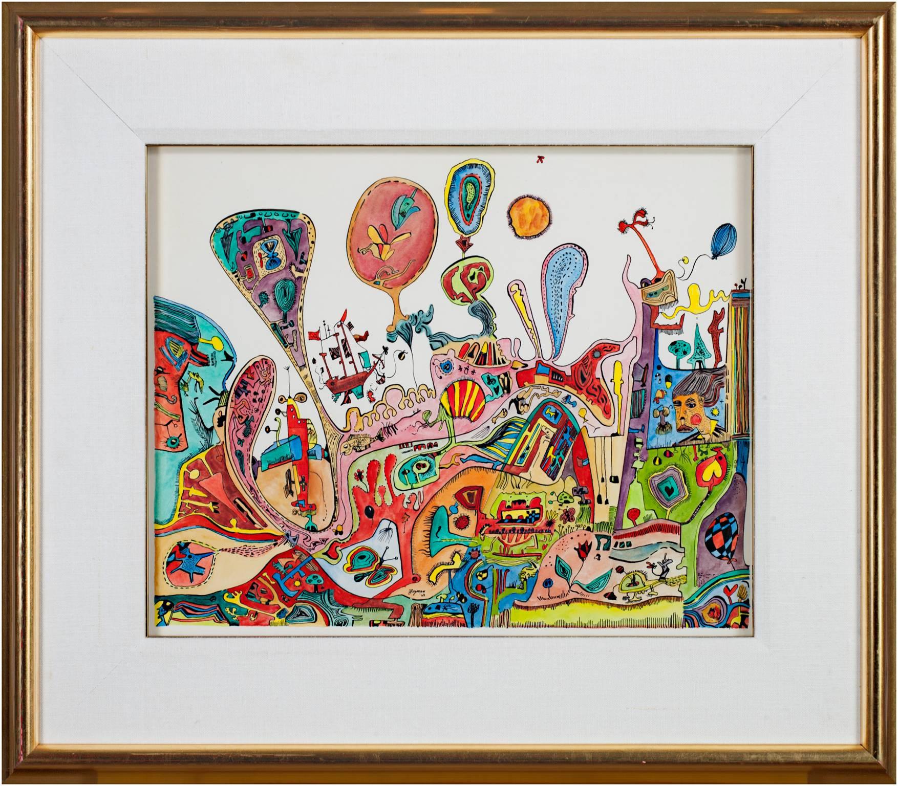 Buntes abstraktes Landschafts-Aquarell- und Tuschegemälde des 20. Jahrhunderts (Beige), Abstract Drawing, von Joseph Rozman