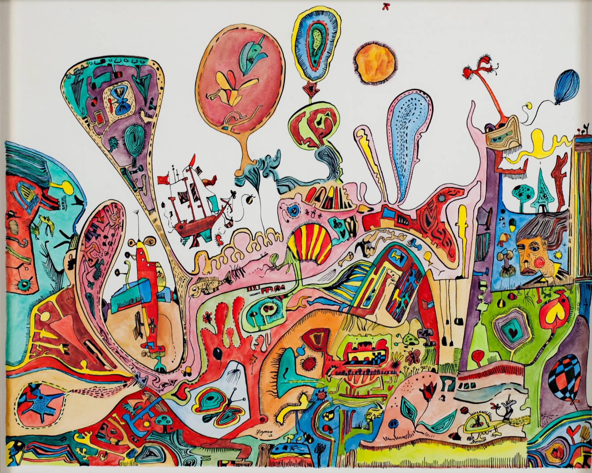Joseph Rozman Abstract Drawing – Buntes abstraktes Landschafts-Aquarell- und Tuschegemälde des 20. Jahrhunderts