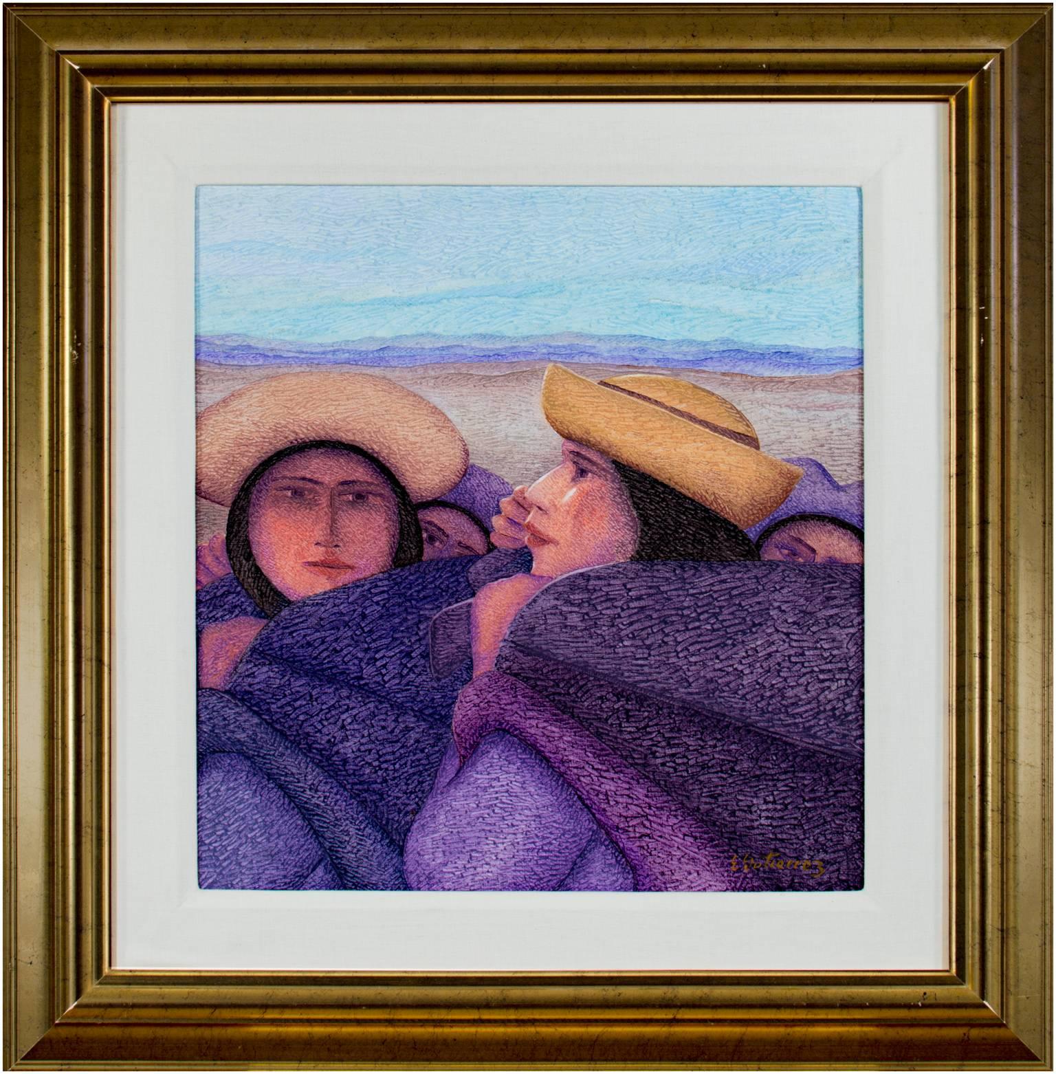 Figurative Painting de Ernesto Gutierrez (b.1941) - Pintura al óleo contemporánea figurativa con textura paisaje de mujeres firmada