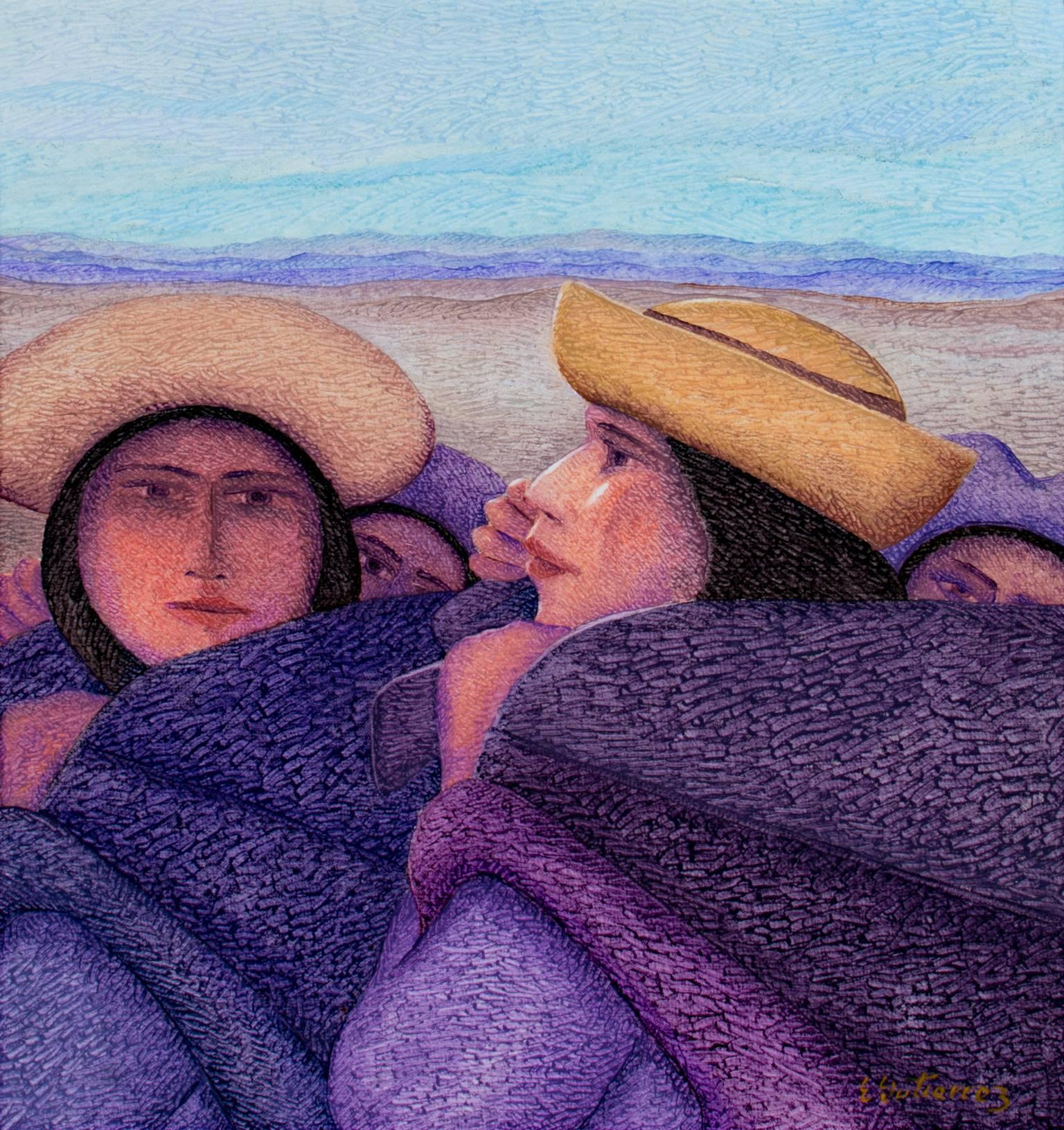 Pintura al óleo contemporánea figurativa con textura paisaje de mujeres firmada - Painting de Ernesto Gutierrez (b.1941)