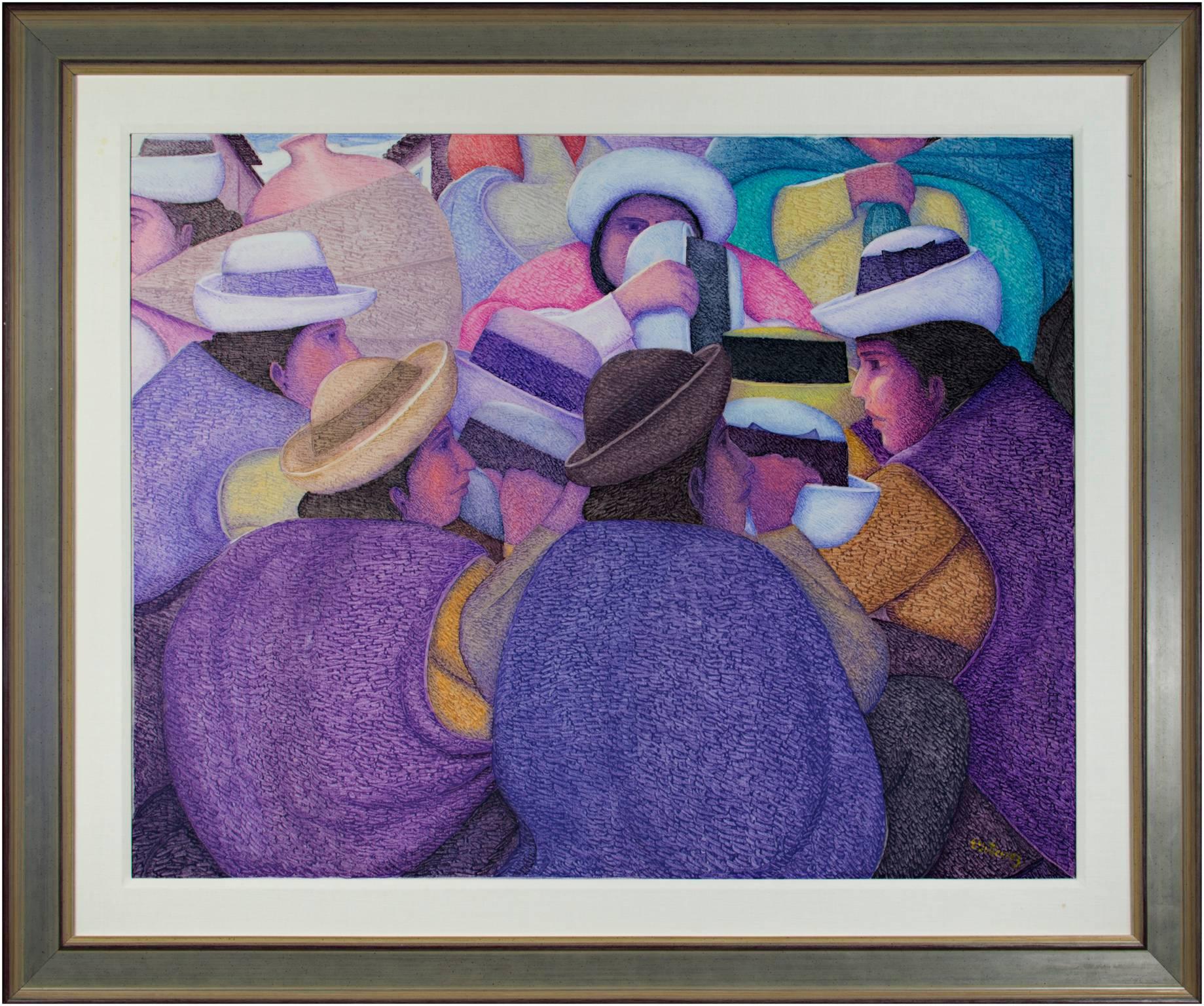 "Ferria De Sombreros (Le marché aux chapeaux)," Huile sur jute d'Ernesto Gutierrez