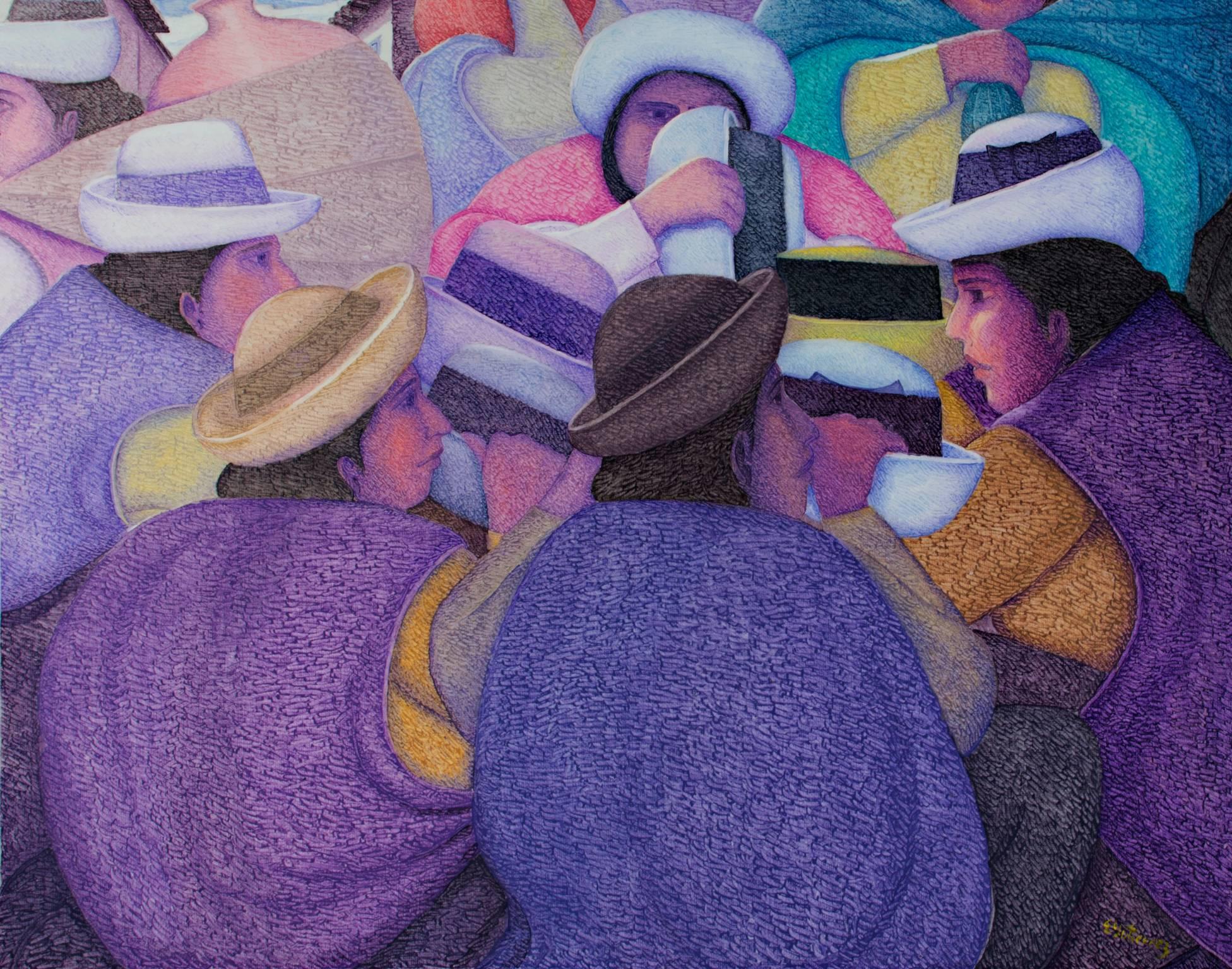 Contemporary figurative textured oil painting women in hats colorful signed - Painting by Ernesto Gutierrez (b.1941)