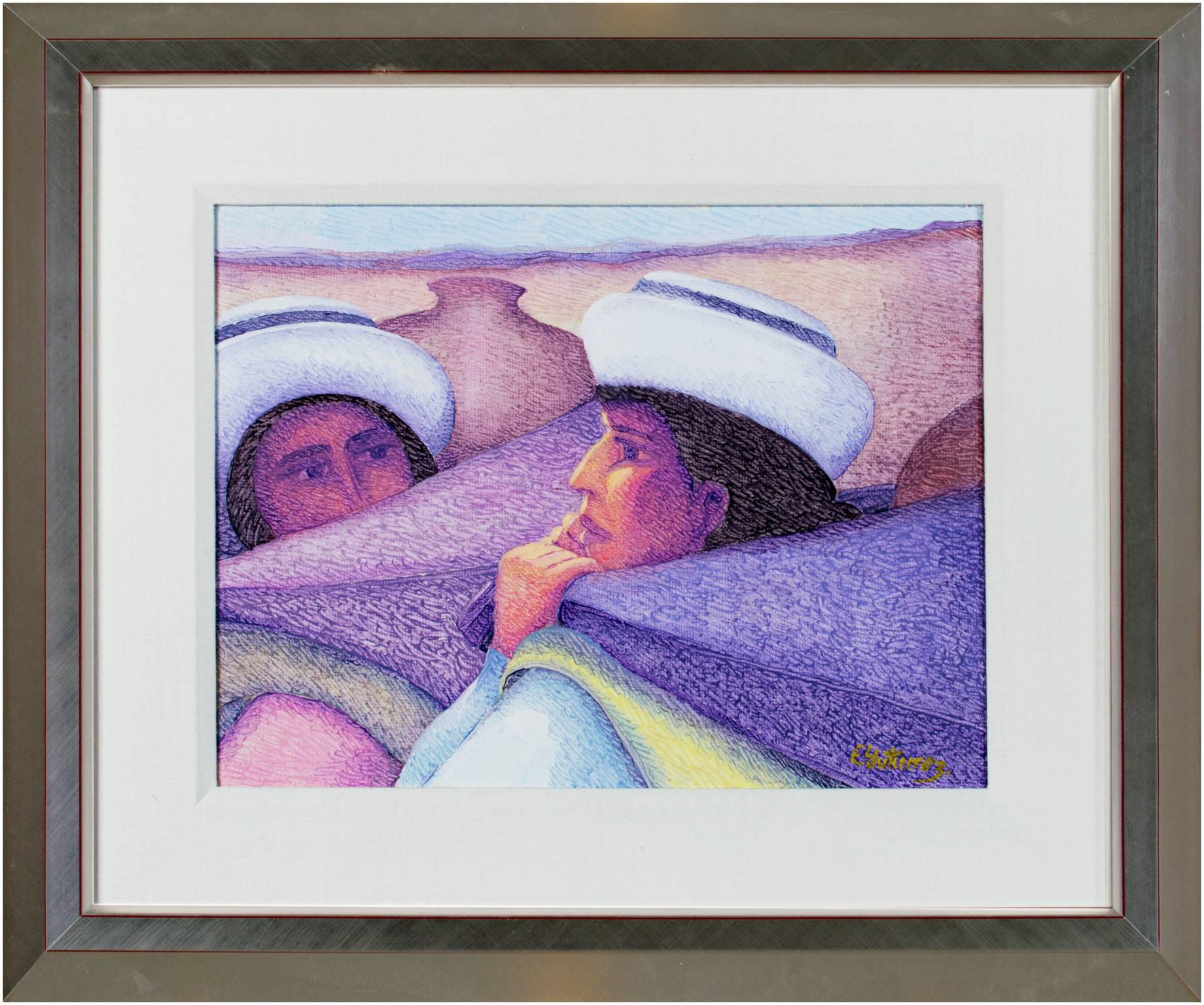 Figurative Painting de Ernesto Gutierrez (b.1941) - Pintura al óleo contemporánea figurativa con textura mujeres con sombreros colorida firmada