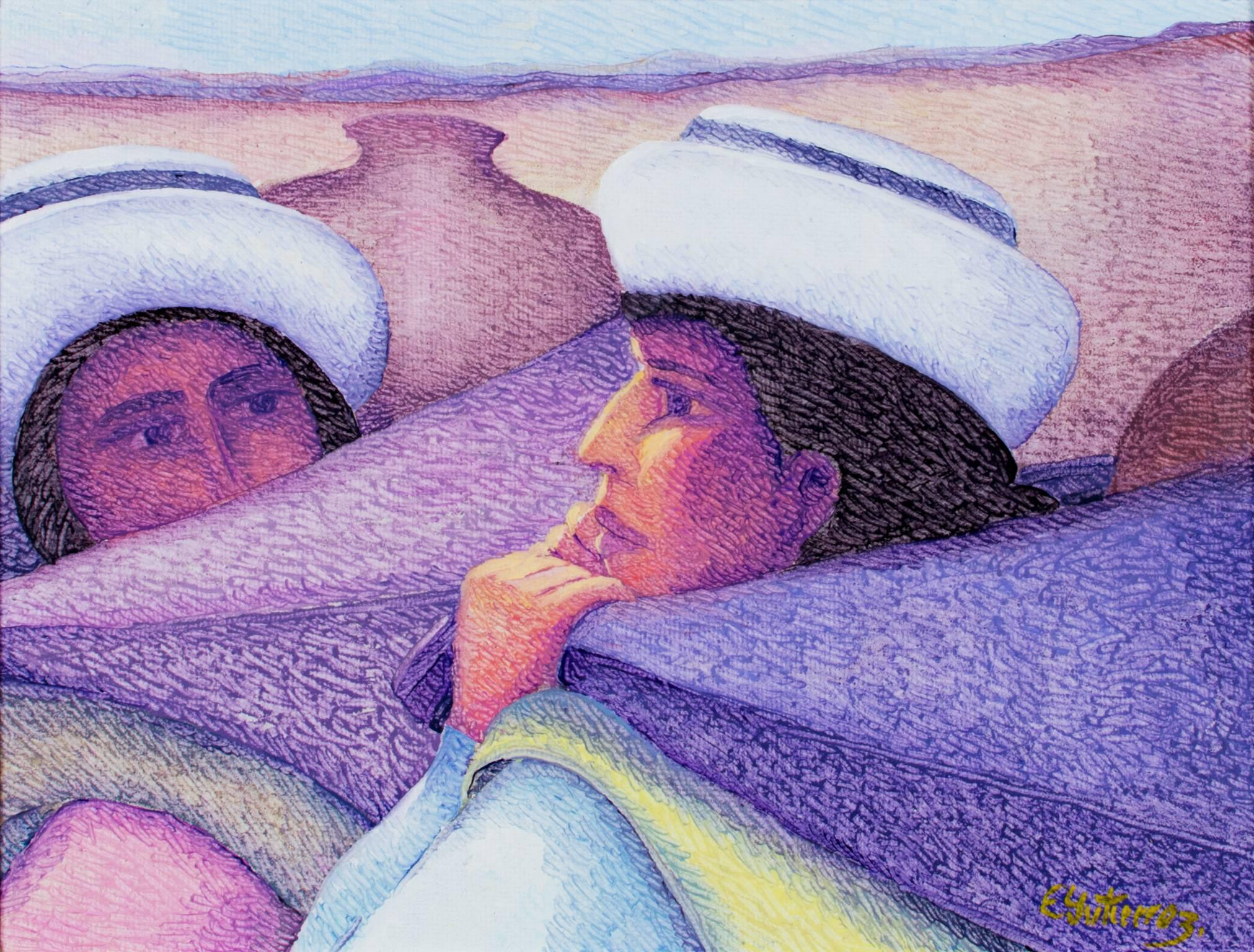Pintura al óleo contemporánea figurativa con textura mujeres con sombreros colorida firmada - Painting de Ernesto Gutierrez (b.1941)