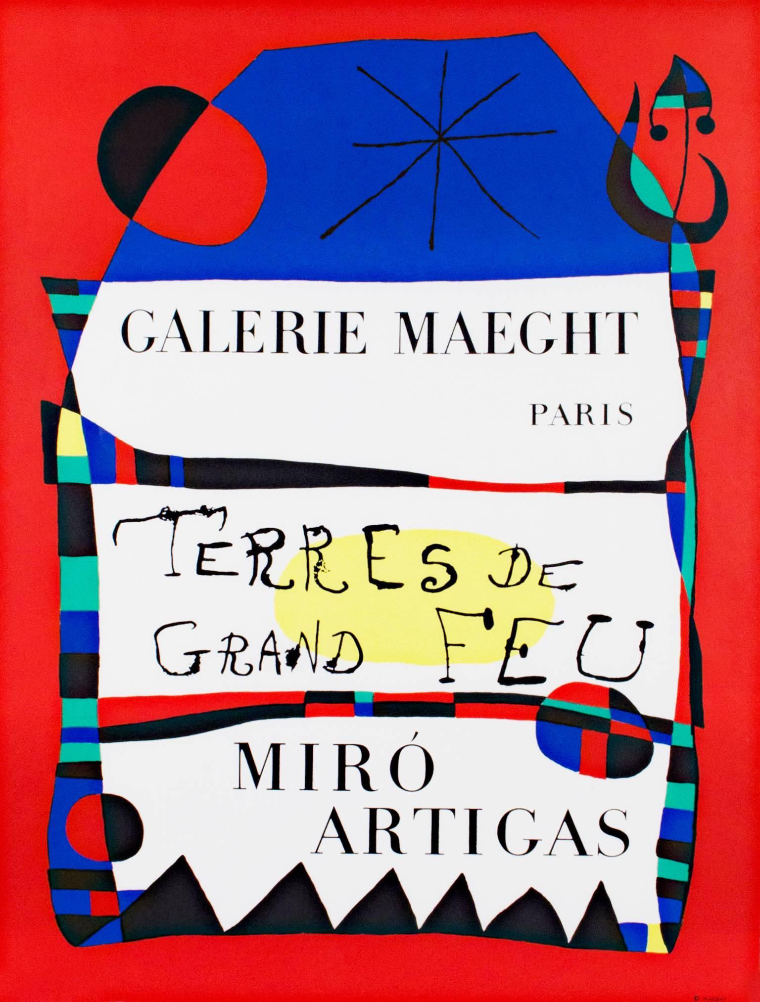 "Terres de Grande Feu" ist ein originales Farblithografie-Plakat von Joan Miró für die Galerie Maeght Paris. Plakat für die Ausstellung von 43 Keramikarbeiten, die Miró und Llorens Artigas zwischen 1950 und 1956 in der Galerie Maeght, Paris (Juni -