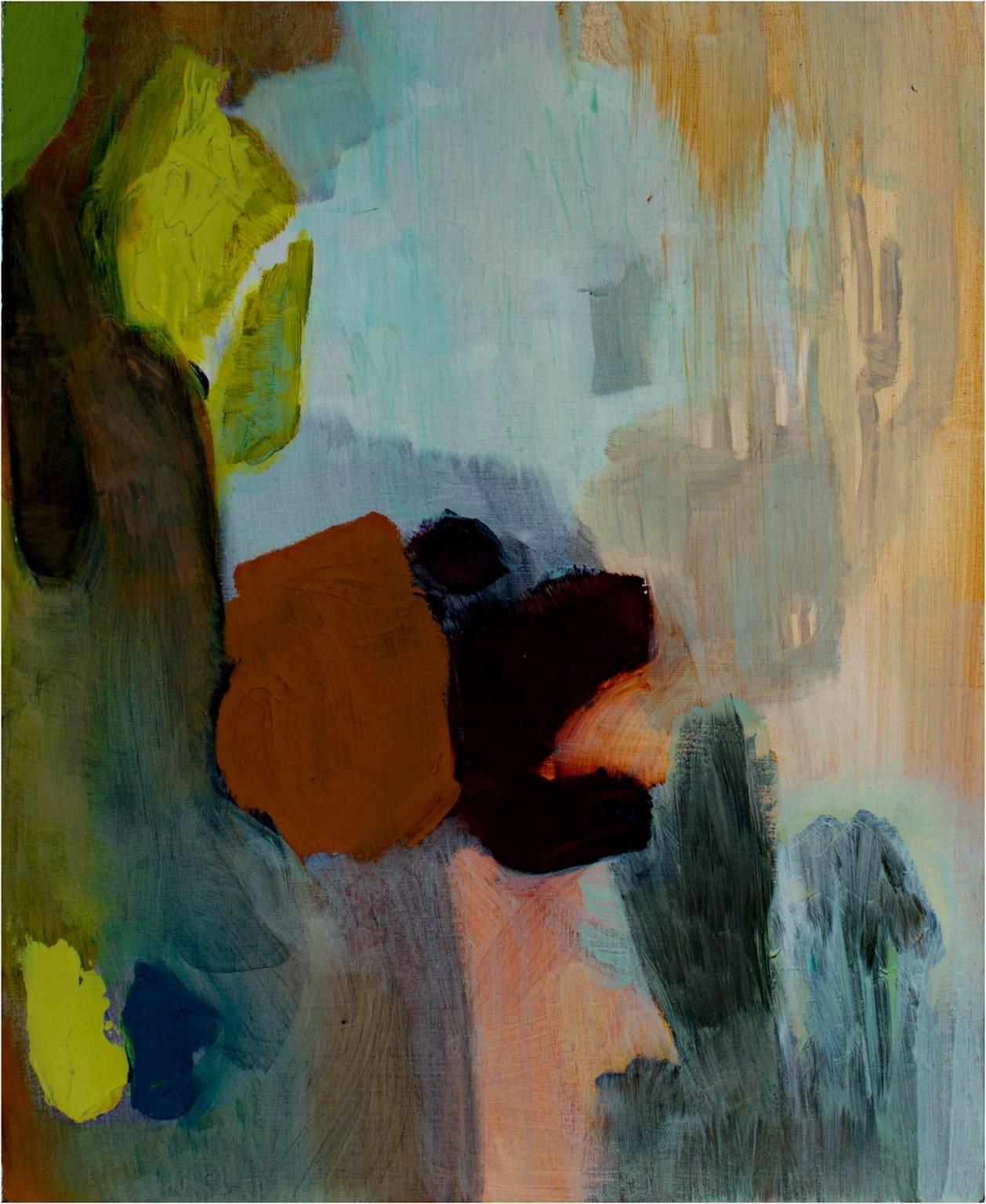 "Title Controversy" is Ananda Kesler's abstract oil on wood painting of earth tones, greens, grays and light blue.  It is signed on verso. 

9 3/8" x 7 3/4" art size

Ananda Kesler was born in Haifa, Israel. In 2002 she received her BA in Fine Art