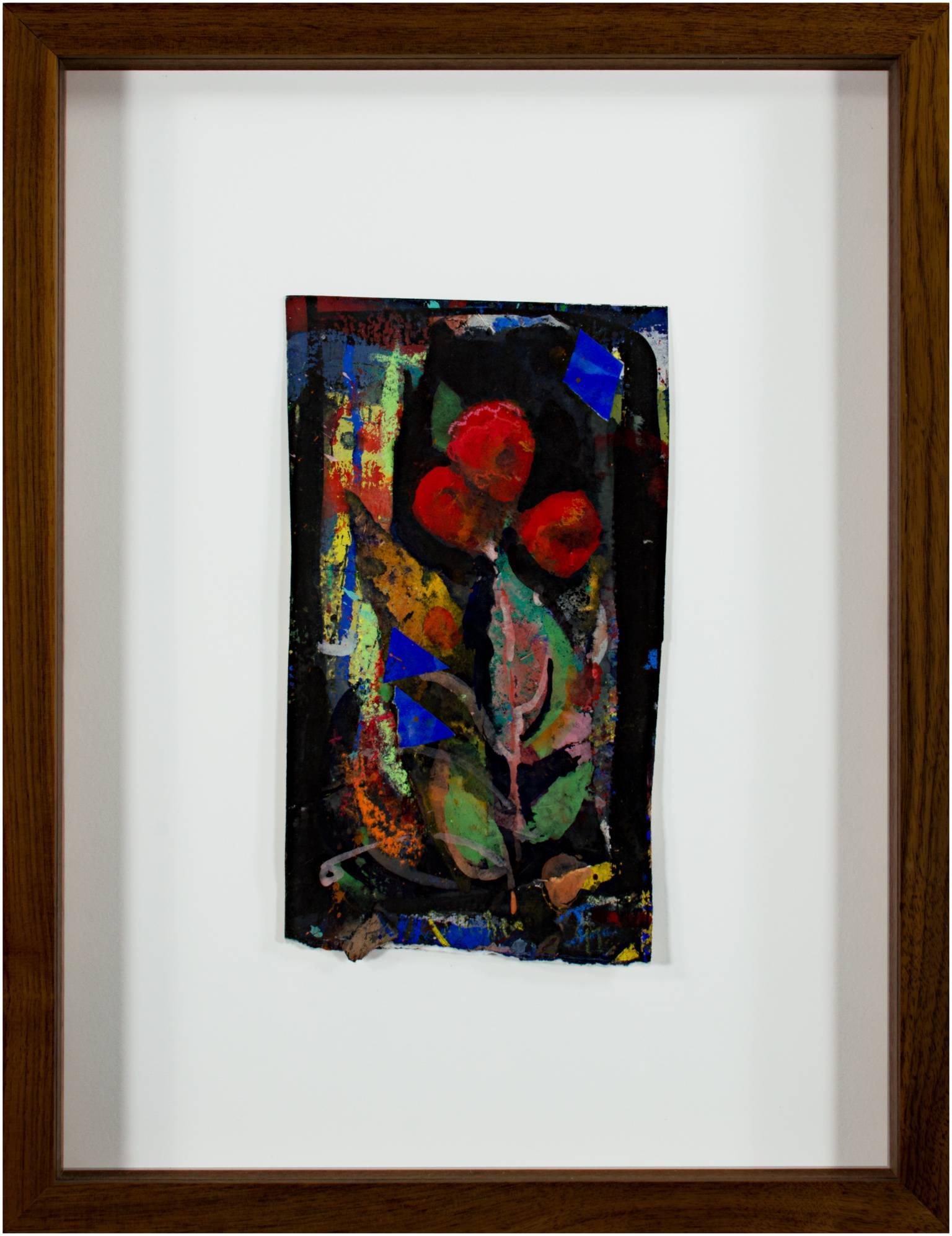 Red Flowers (mixed media on paper, framed) - Abstract Mixed Media Art by Dan Muller