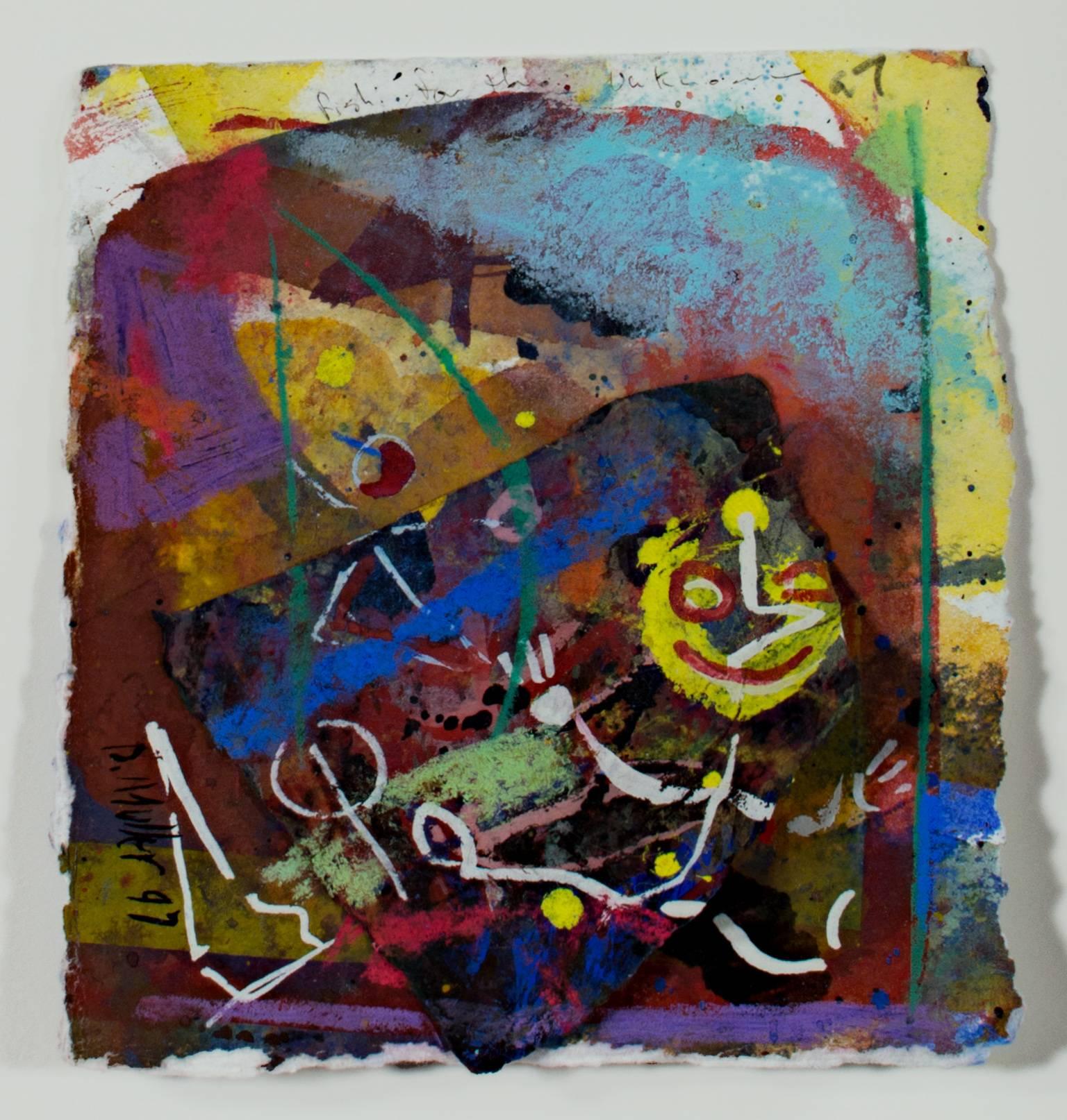 Contemporary abstract multicolored "Fishing for the Unknown", 1997, mixed media on paper, signed.

6 3/4" x 6 1/4" art
14 7/8" x 14 1/4" framed

Born in 1960 in Miles City, Montana, Dan spent most of his childhood in the Southern and central regions