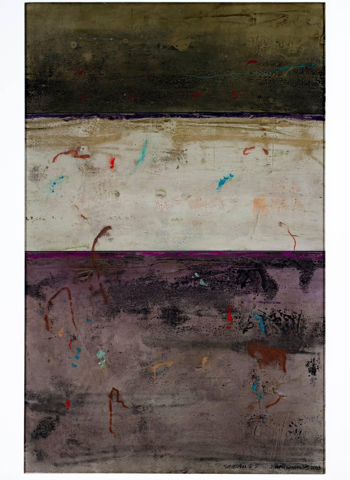 "Shibumi IV-5" es una obra en técnica mixta de 2003 del artista abstracto estadounidense John Baughman.  Está firmado, titulado y fechado abajo a la derecha.

36" x 22 5/8" arte
46" x 32 1/2" enmarcado

Baughman es un artista de técnicas mixtas