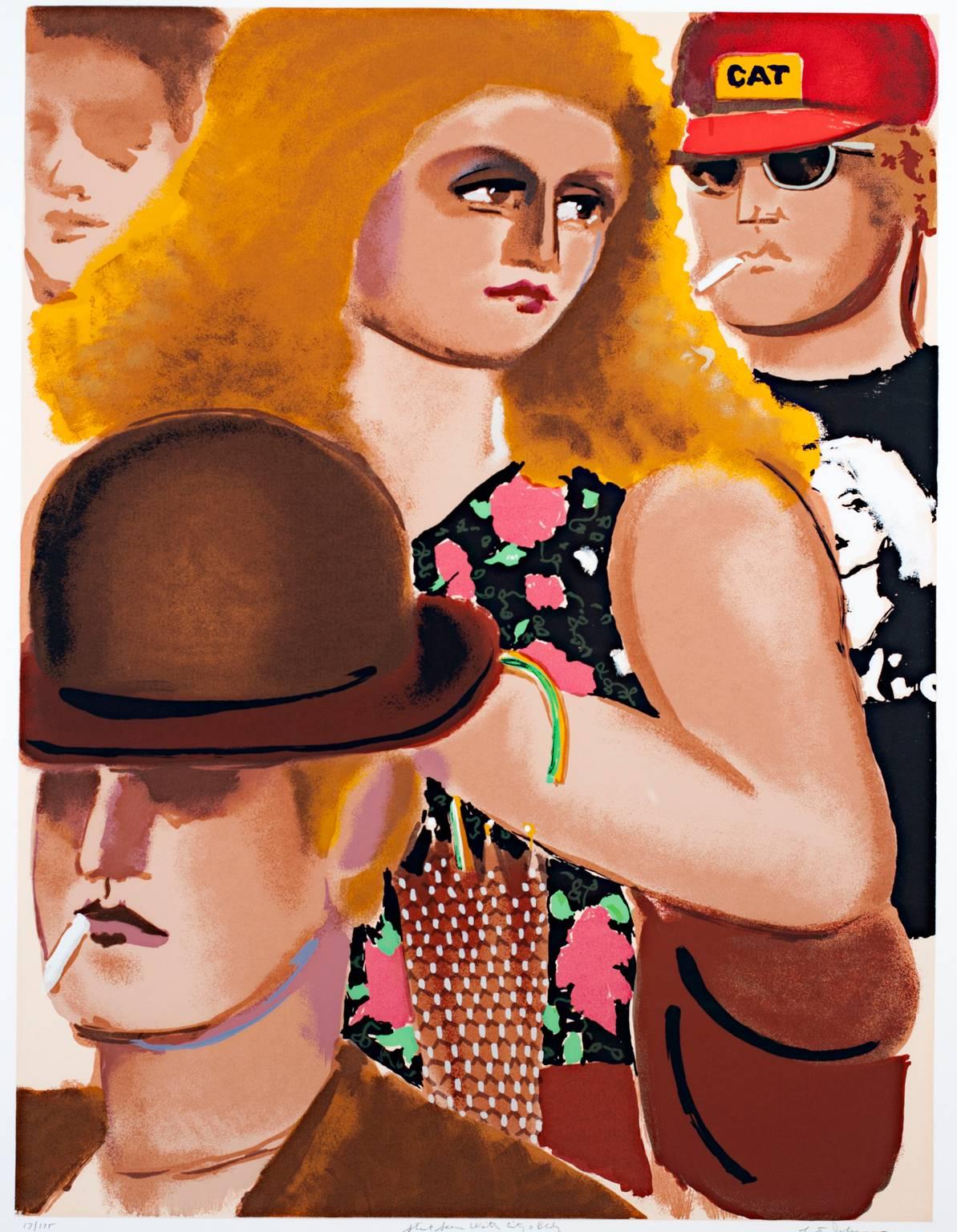 The present work is an original screen print signed by Lester Johnson, from his 'Street Scene Portfolio.' It features four figures, all wearing fashionable street clothing emblematic of youth culture and life. Johnson's use of color and his