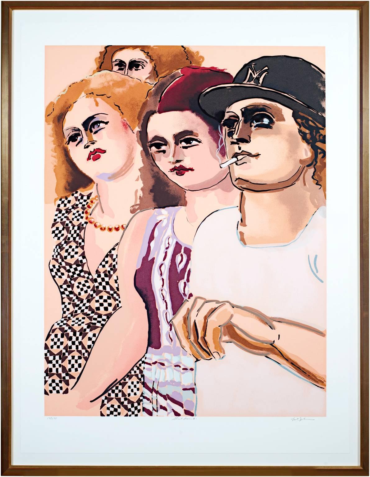 The present work is an original screen print signed by Lester Johnson, from his 'Street Scene Portfolio.' It features four figures, all wearing fashionable street clothing emblematic of youth culture and life. Johnson's use of color and his