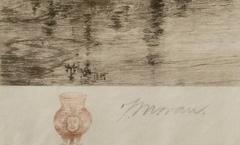 19th century etching black and white seascape print boats water buildings signed