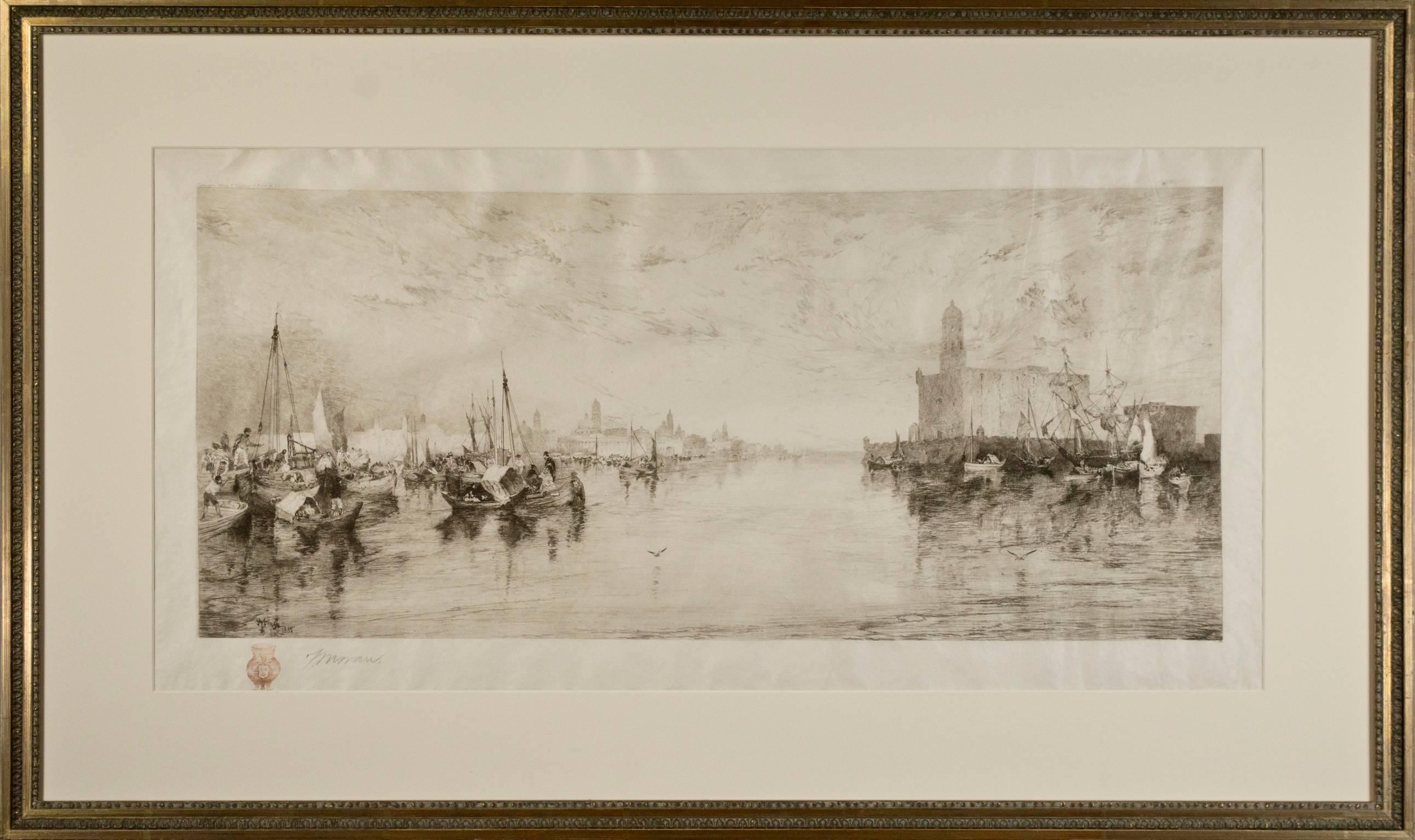 This black and white etching by American painter and print maker of the Hudson River School in New York: Thomas Moran, is a rare Klackner #53 of the catalogue raisonné, depicting 