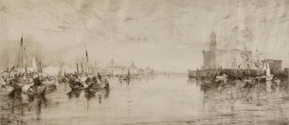 19th century etching black and white seascape print boats water buildings signed