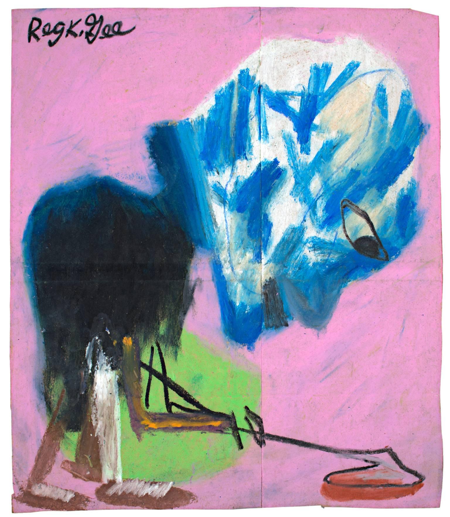 Contemporary neo-expressionist figurative artwork by Reginald K. Gee features a figure with a pastel pink background, bright blue and vibrant green. 

Signed

Art: 14