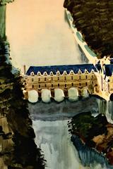 Early 20th century color lithograph poster river building trees text