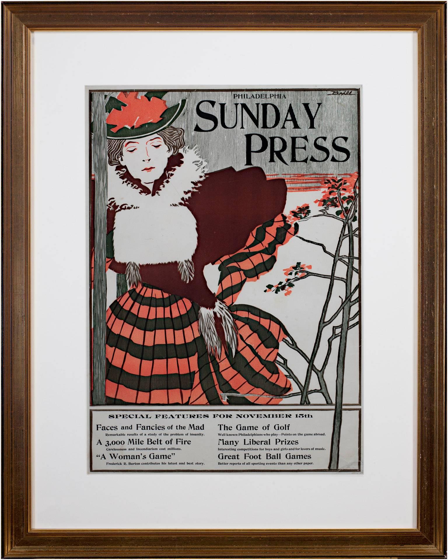 Farblithographie-Poster, Frau, Winterkleid, schwarz-rotes Text, aus dem späten 19. Jahrhundert (Braun), Figurative Print, von George Reiter Brill