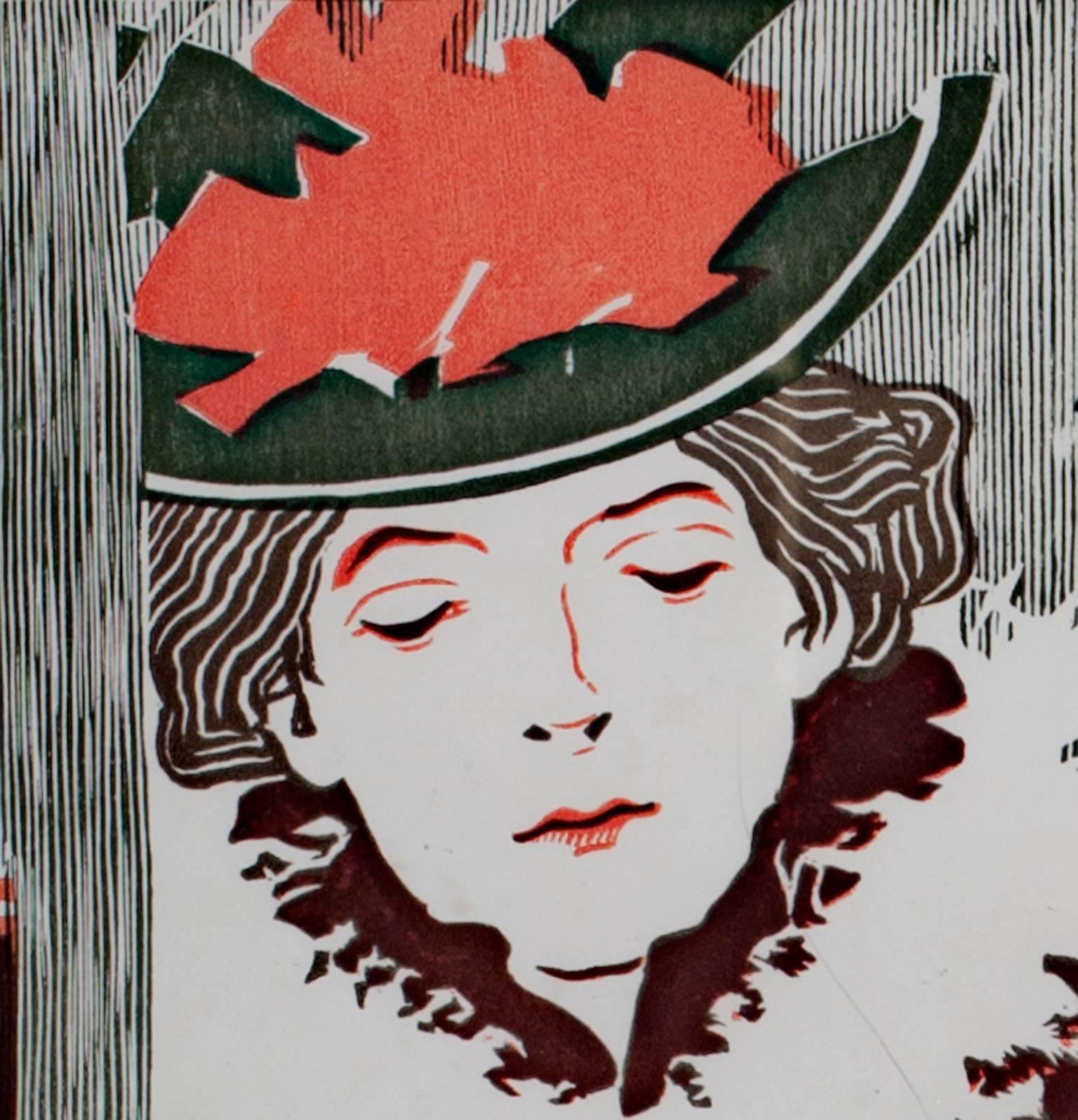 Farblithographie-Poster, Frau, Winterkleid, schwarz-rotes Text, aus dem späten 19. Jahrhundert (Moderne), Print, von George Reiter Brill