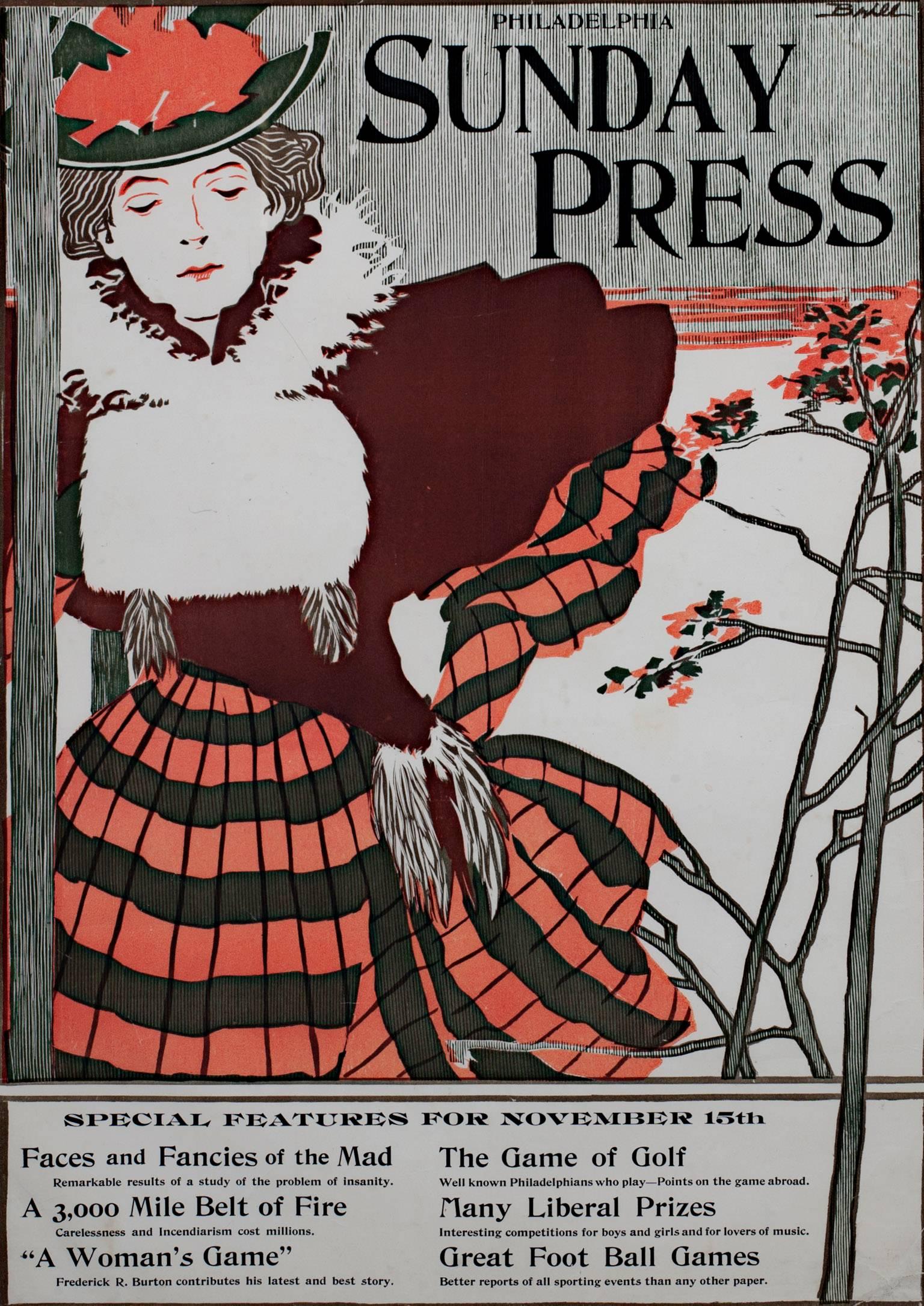 George Reiter Brill Figurative Print – Farblithographie-Poster, Frau, Winterkleid, schwarz-rotes Text, aus dem späten 19. Jahrhundert