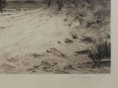 Gravure à l'eau-forte en noir et blanc du 19e siècle figure vagues rochers signée