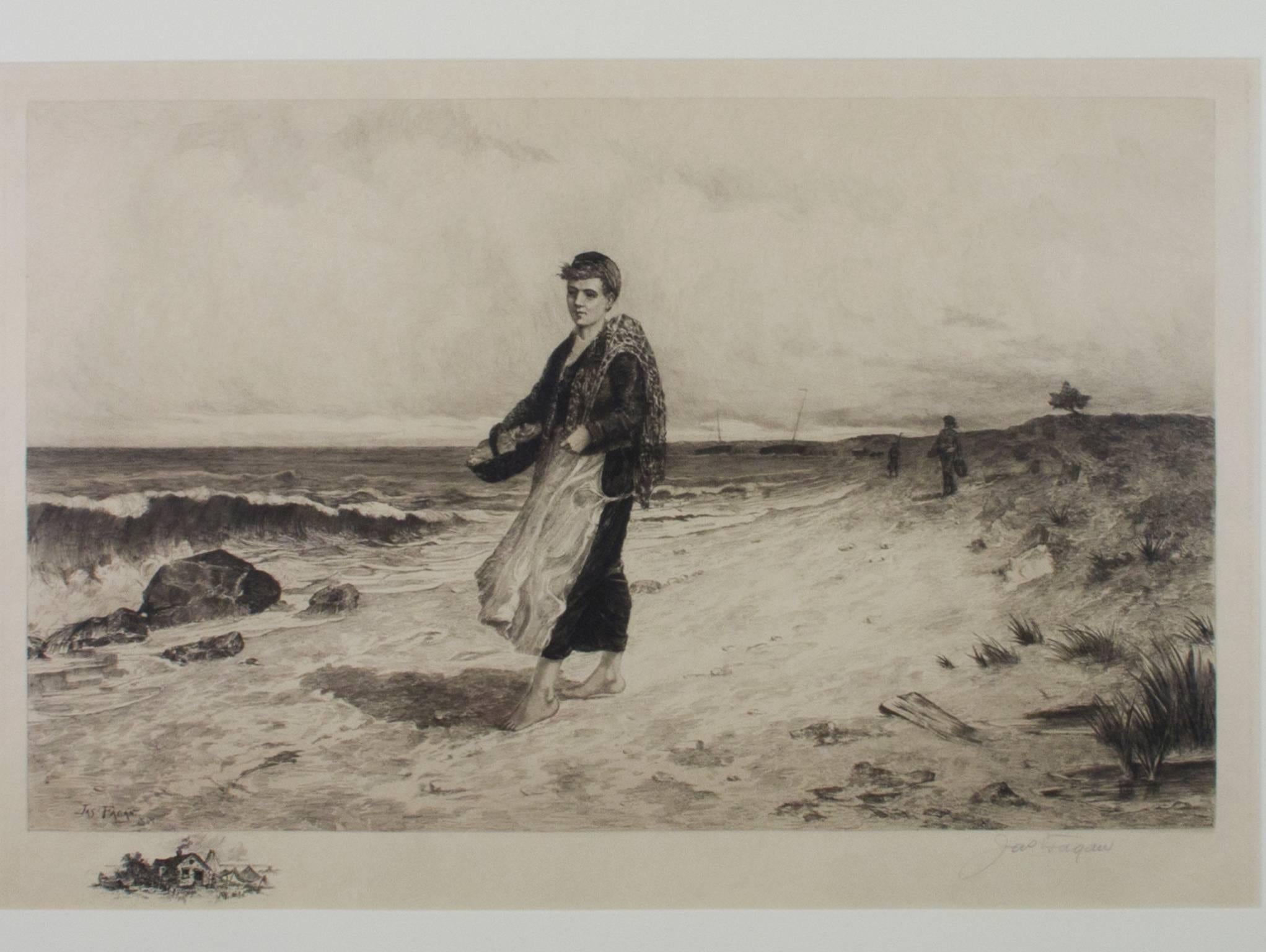 19th century etching black and white seascape print figure waves rocks signed