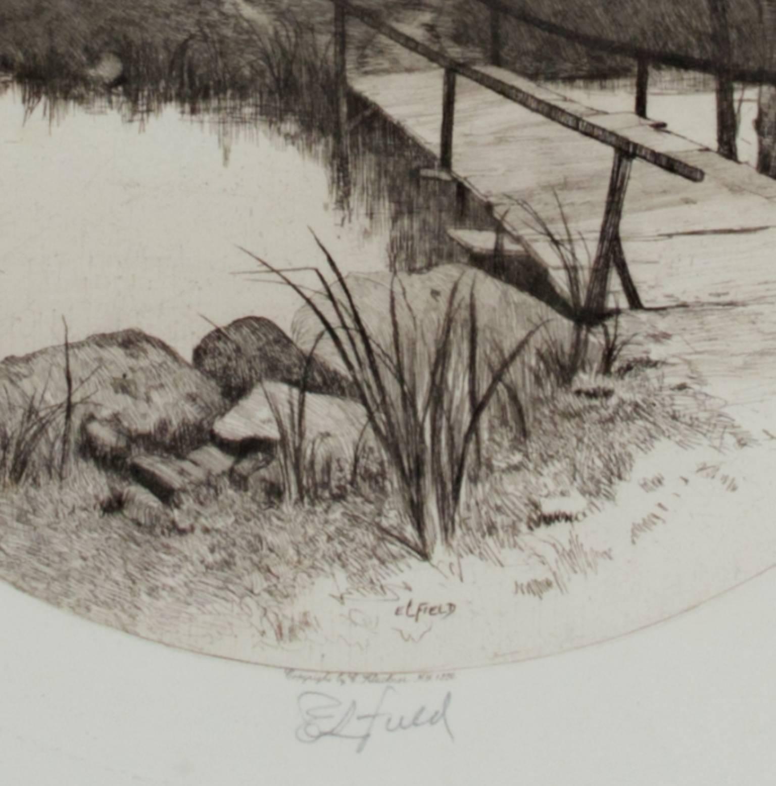 19th century black and white etching landscape circular print river signed - Print by Edward Loyal Field