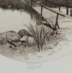 Schwarz-weiße Radierung Landschaft Runddruck Fluss signiert, 19. Jahrhundert