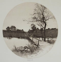 Siglo XIX aguafuerte blanco y negro paisaje impresión circular río firmado