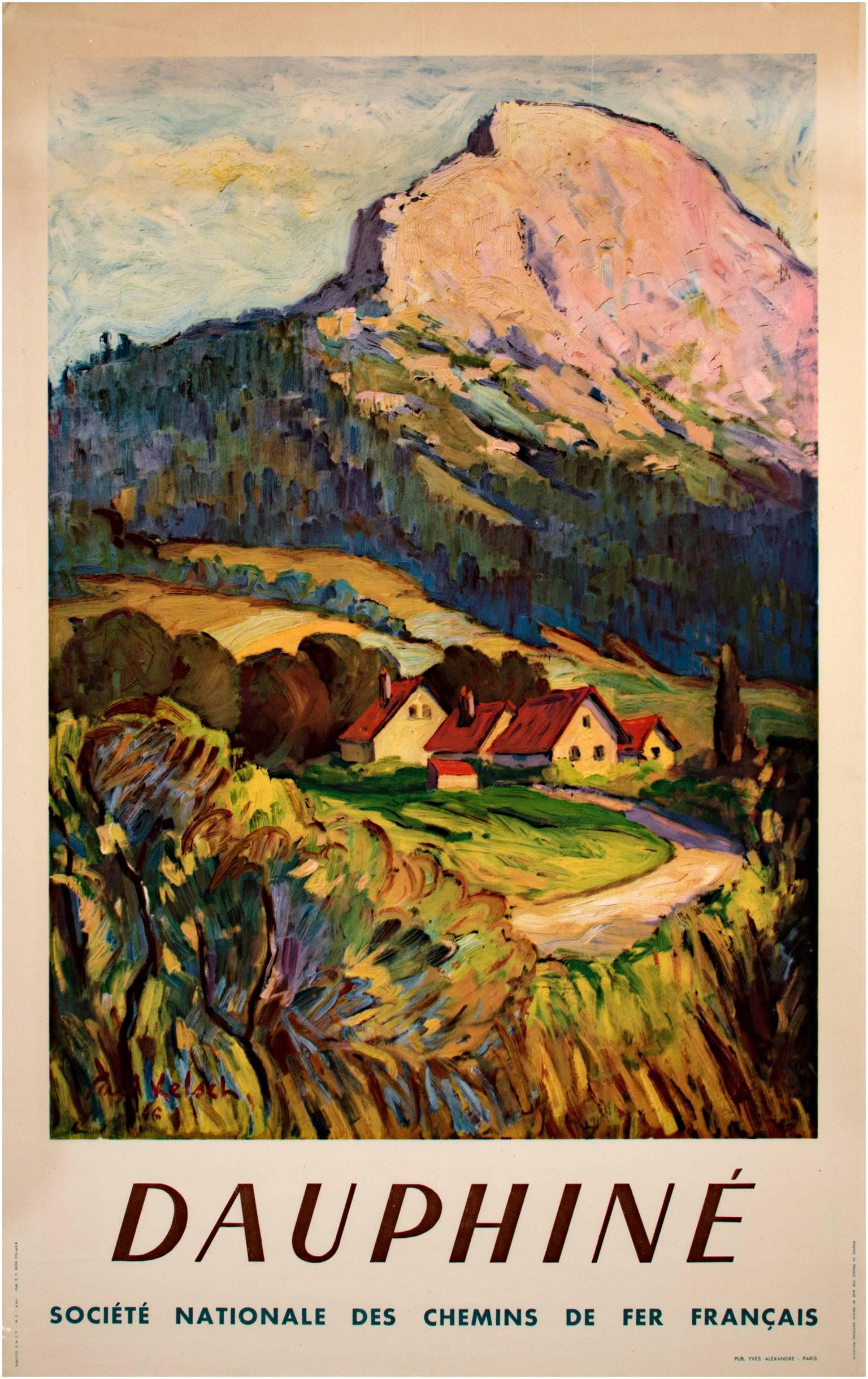 Paul Kelsch Landscape Print - Early 20th century color lithograph poster mountain field houses trees sky text