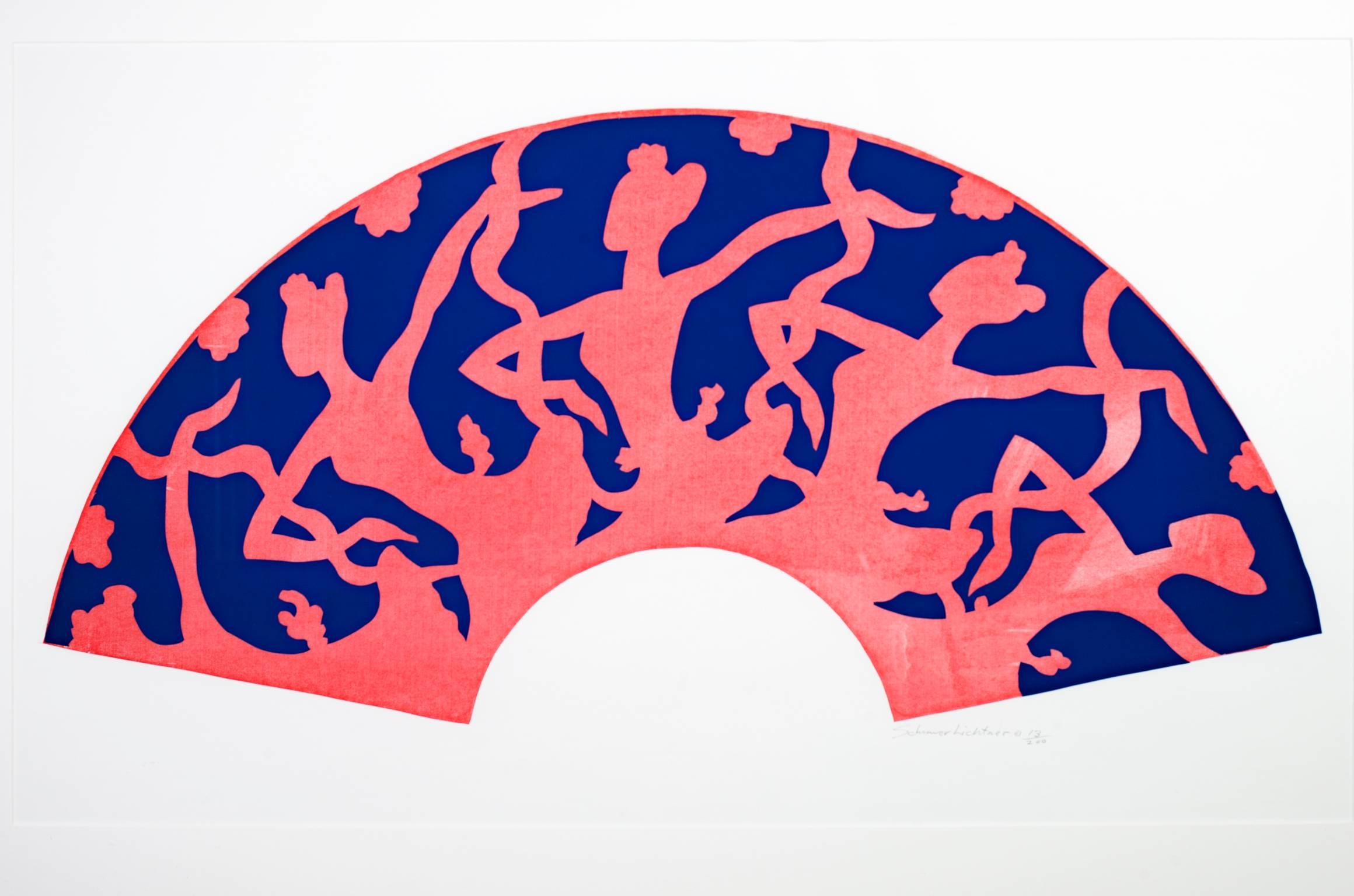 "Fan Shape with Dancers" is a silkscreen print by Schomer Lichtner in blue and pink. The print is signed in pencil lower right and is edition 13/200. 

16" x 33" art
27 5/8" x 42 1/8" framed

Schomer Lichtner was a Milwaukee-based artist who started