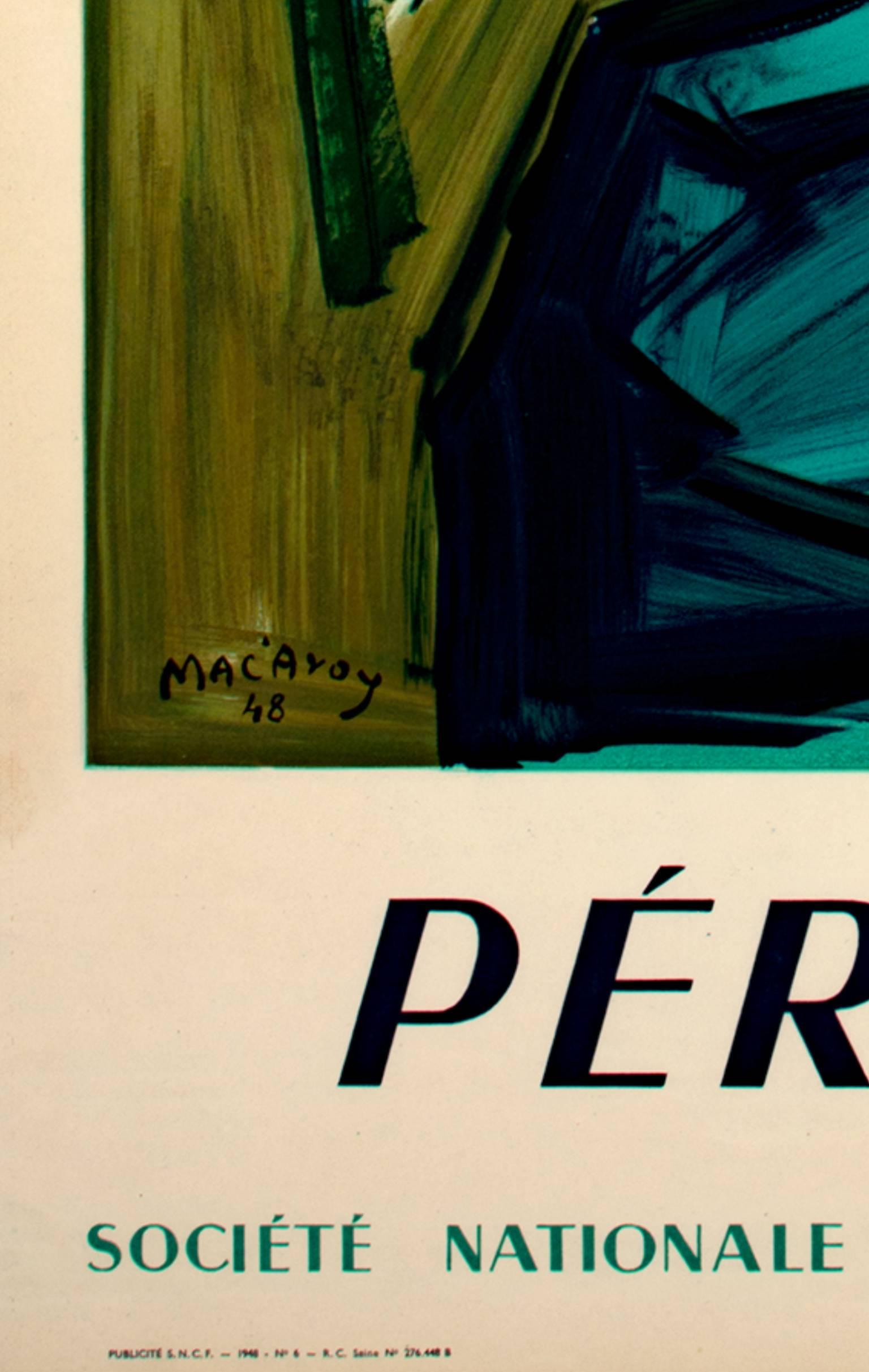 Affiche lithographique en couleur du début du 20e siècle, arbres de montagne et texte ciel - Beige Landscape Print par Edouard-Georges Mac-Avoy