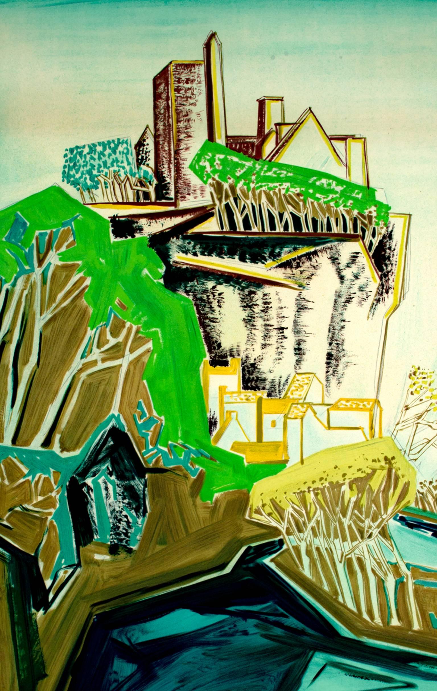 Affiche lithographique en couleur du début du 20e siècle, arbres de montagne et texte ciel - Print de Edouard-Georges Mac-Avoy