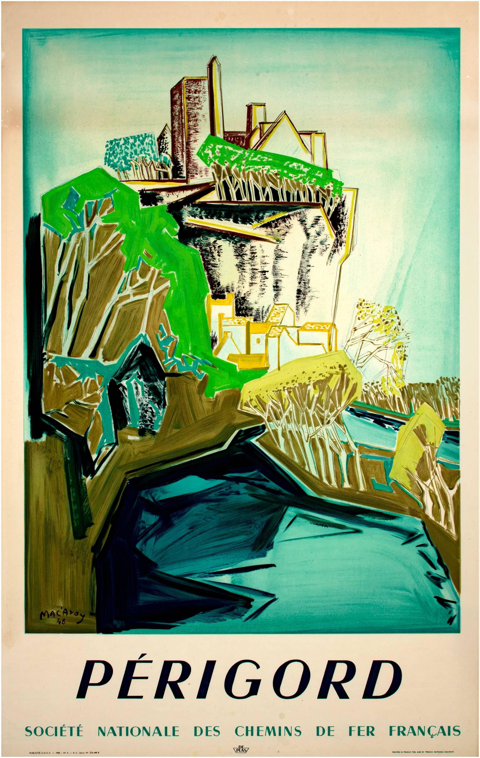 Landscape Print Edouard-Georges Mac-Avoy - Affiche lithographique en couleur du début du 20e siècle, arbres de montagne et texte ciel