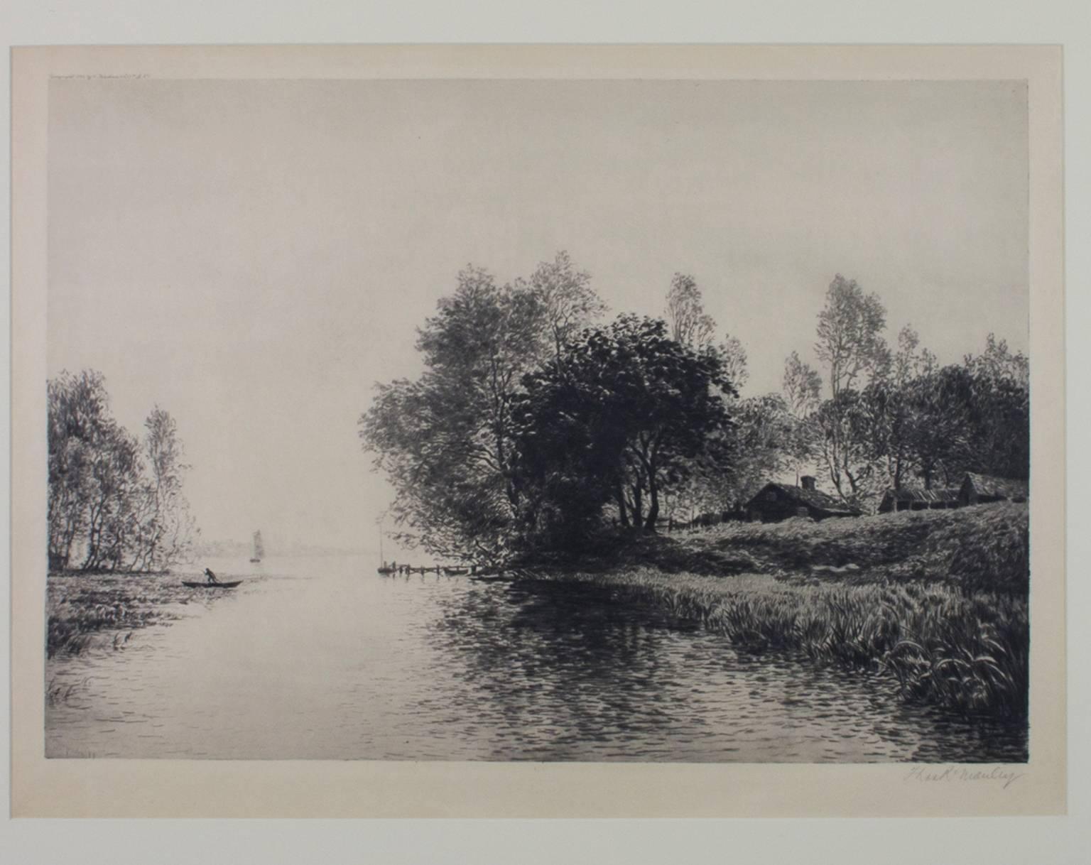 "Farm at Inlet, " an Etching signed by Thomas R. Manley