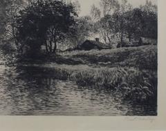 19th century black and white etching landscape scene boat riverbank trees signed