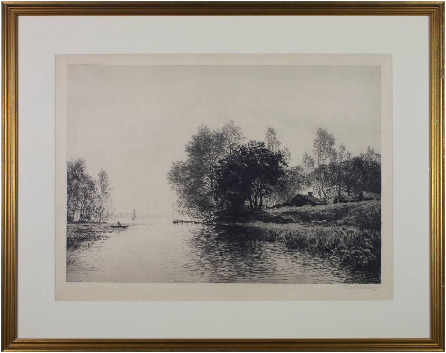 Incisione in bianco e nero del XIX secolo, scena di paesaggio con barca e alberi sulla riva del fiume, firmata - Landscape Print Grigio di Thomas R. Manley