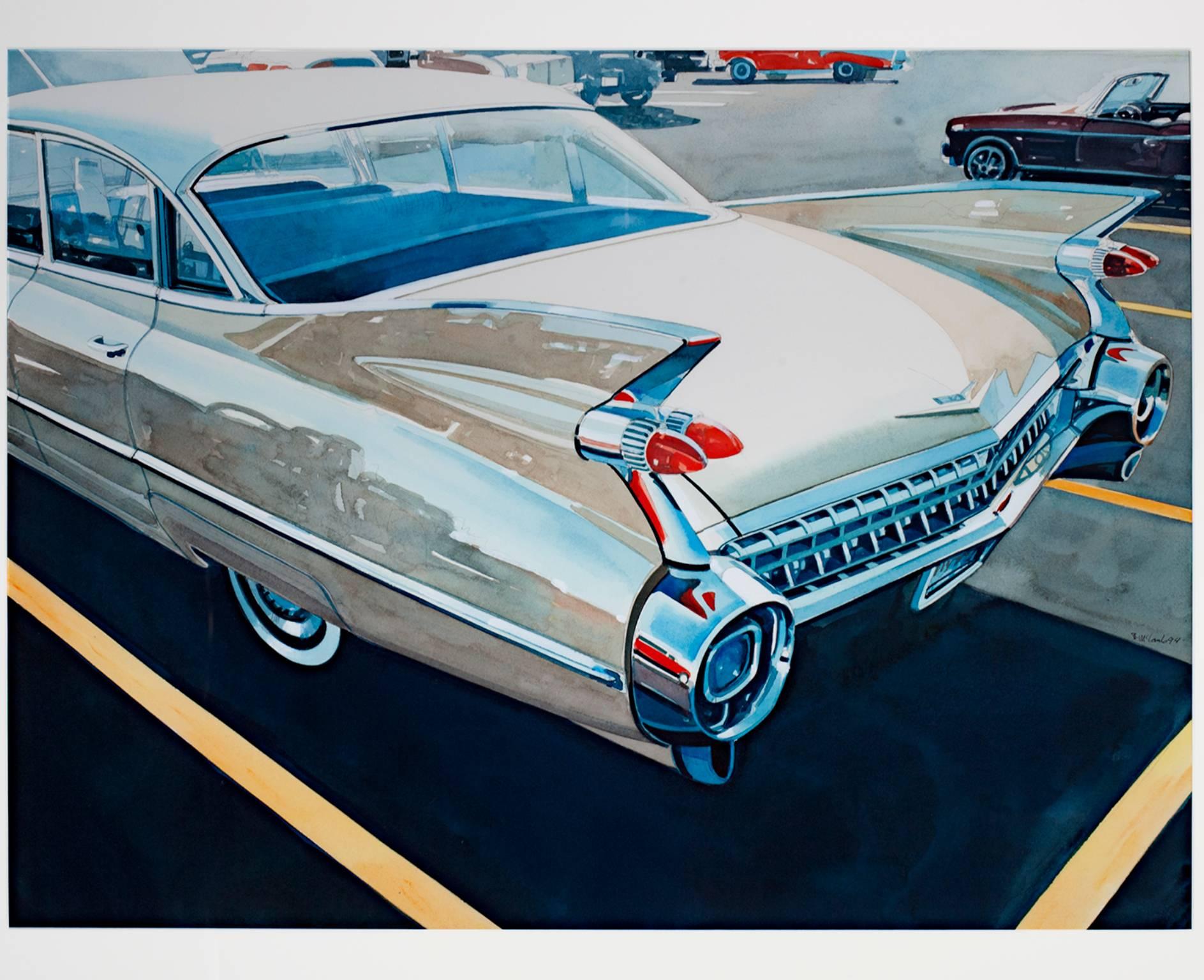"59 Cadillac" ist ein original signiertes Aquarell von Bruce McCombs. Es zeigt das Heck eines glänzenden Cadillacs mit exquisiter Aufmerksamkeit für Reflexion und Licht. 

22 1/4" x 29 5/8" Kunst
31 1/2" x 38 7/8" gerahmt

Statement des Künstlers: