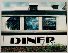 pintura acuarela realista contemporánea edificio cafetería primer plano flores firmada