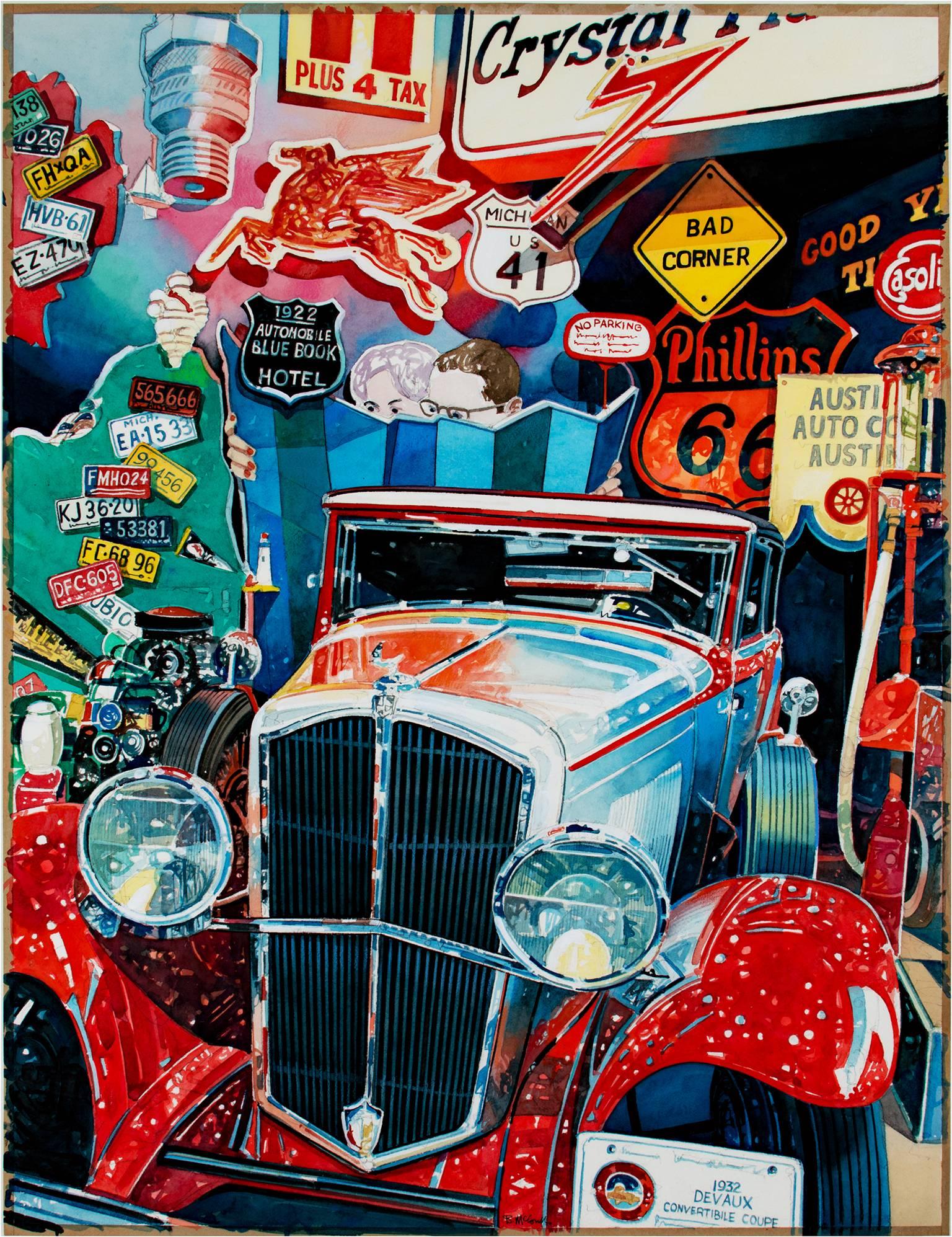 "Car Museum" ist ein original signiertes Aquarell von Bruce McCombs. Es zeigt die Vorderseite eines glänzenden Autos mit anderen automobilen Erinnerungsstücken, wobei Reflexionen, Licht und Details besonders gut zur Geltung kommen. 

29 1/2" x 21