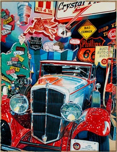 Retro contemporary realist watercolor painting interior red car signs colorful signed