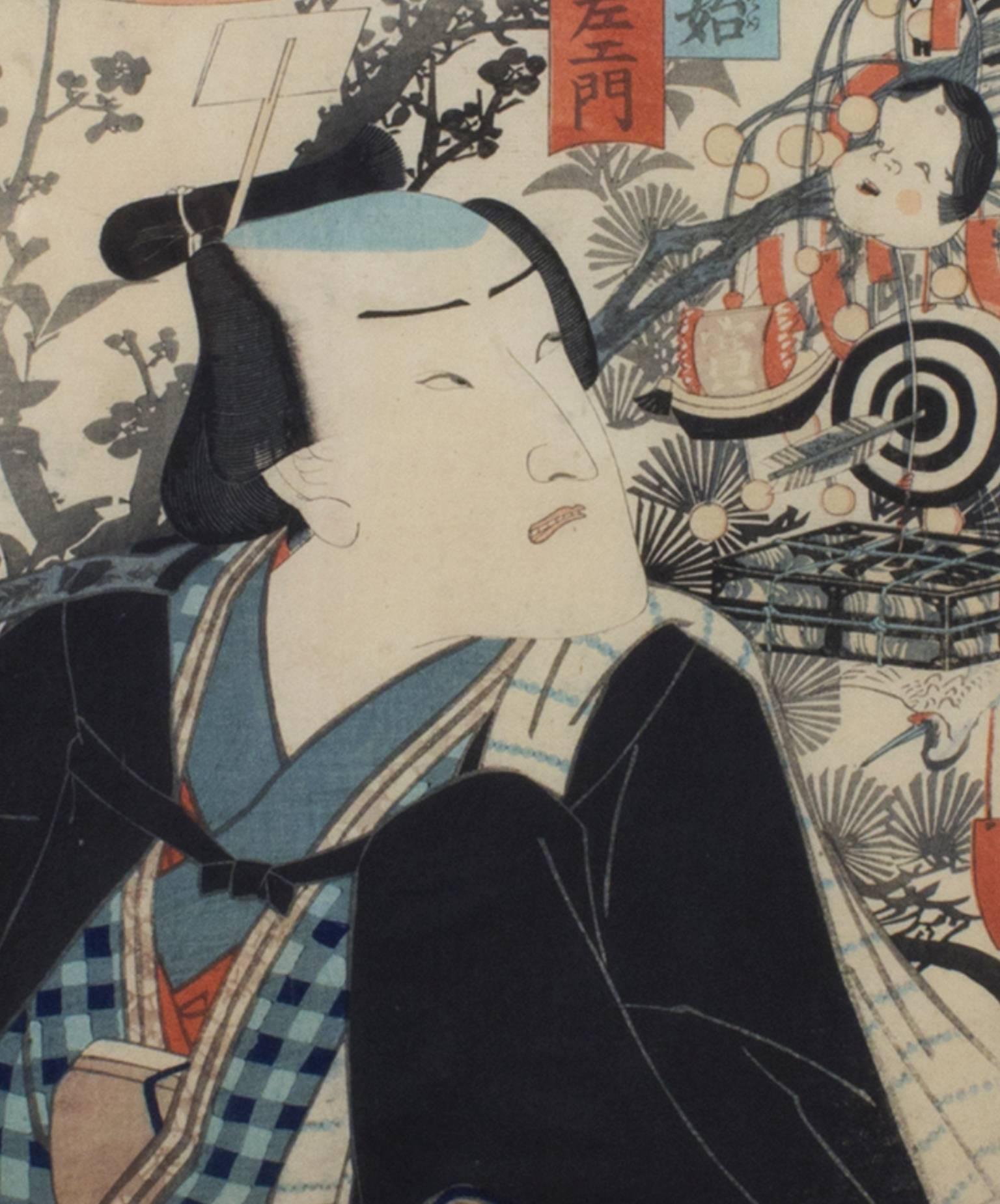 19th century color woodcut Japanese ukiyo-e print samurai figure - Print by Toyoharu Kunichika