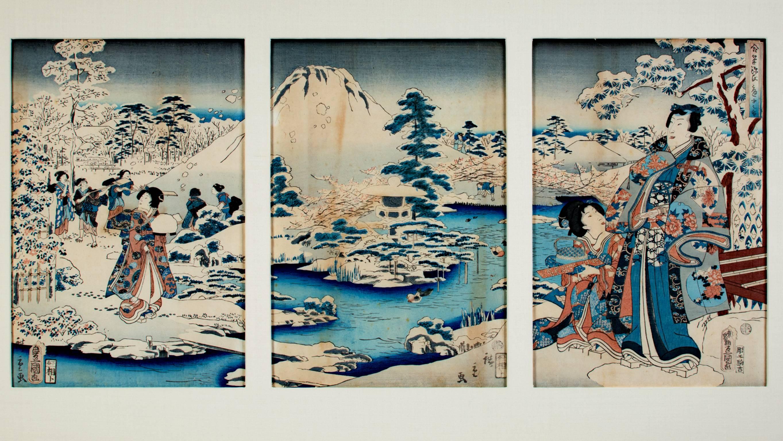 Utagawa Hiroshige (Ando Hiroshige) Landscape Print - "Gengi Prince and Beauties in the Snow Garden, " Color Woodcut by Hiroshige