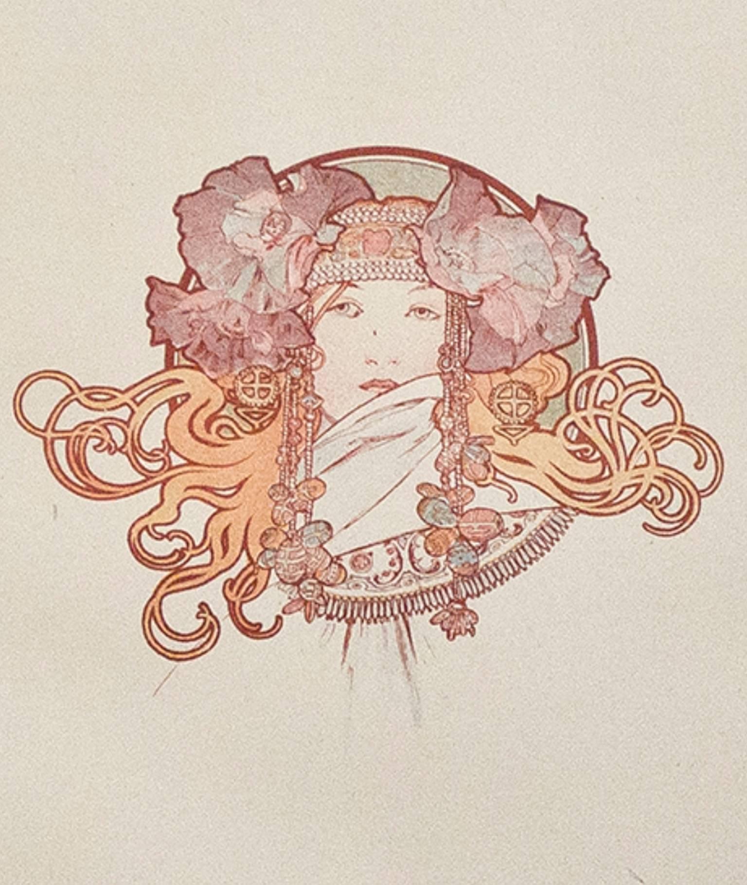  Late 19th century color lithograph art nouveau ornate bookplate female subject - Print by Alphonse Mucha