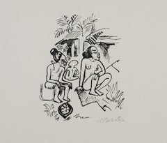 Desnudo Figura Femenina Bebé Familia Años 1910 Blanco y Negro Litografía Original Firmada