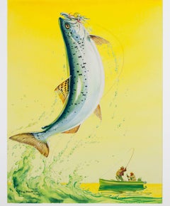 "Catching A Fish, " Gouache and Watercolor signed by Tom Rost