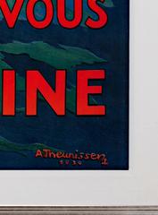 20th century color lithograph boat ocean waves seascape dramatic text signed