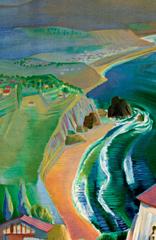 Affiche lithographique en couleur du 20e siècle, paysage, collines de bâtiments pastorals, signée